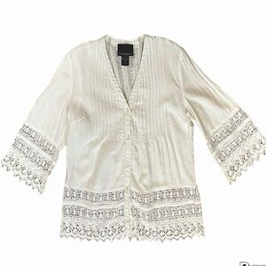 Boho Blouse Linen Cottagecore 7” Eyelet Lace Plus XL Button V-neck 3/4 Sleeves